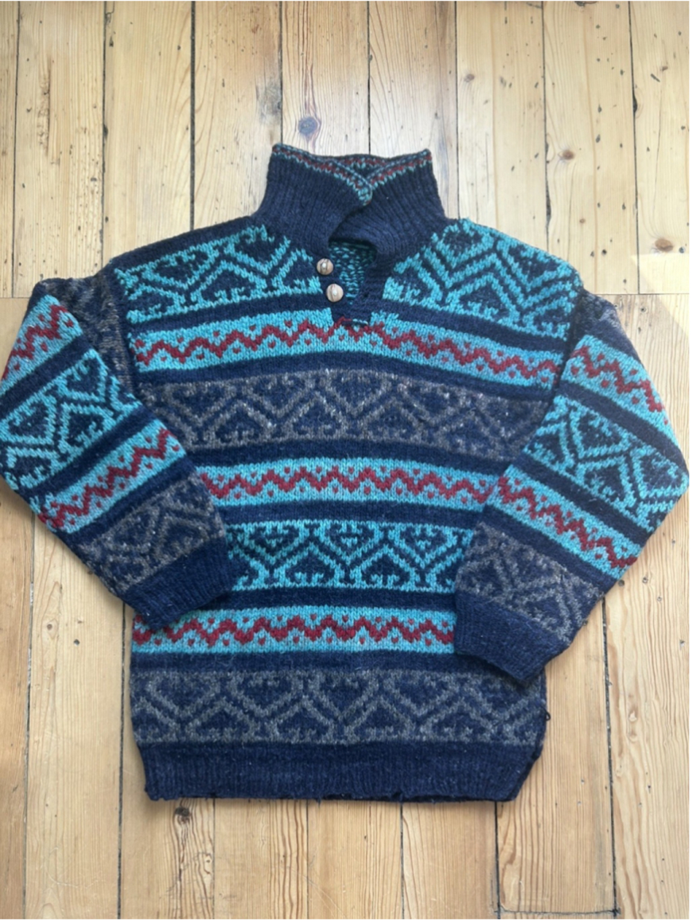 Vintage Ecuador Hand Knit Wool Sweater Aztec Print Mens Large Colorful